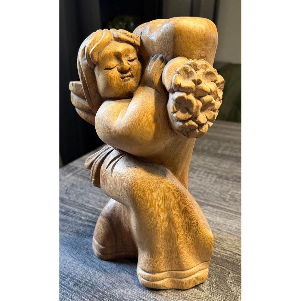Vintage‎ Hand Carved Wooden Cherub Angel with Flowers Figurine Sculpture